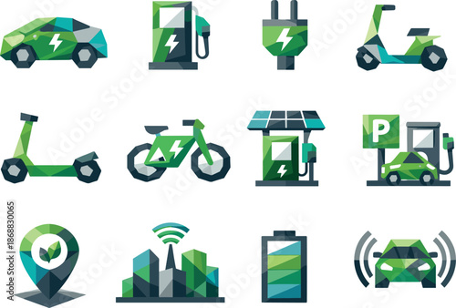 Electric Transport Icons. Low-poly geometric icon set focused on electric transportation systems, featuring EV cars, charging