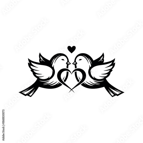 Two doves forming intertwined hearts with wings spread, love symbol, black illustration, white background, centered view, affectionate scene