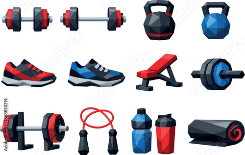 Low-Poly Fitness Icons. Modern low-poly fitness icon set illustrating dumbbells, kettlebells, sneakers, and workout equipment in a