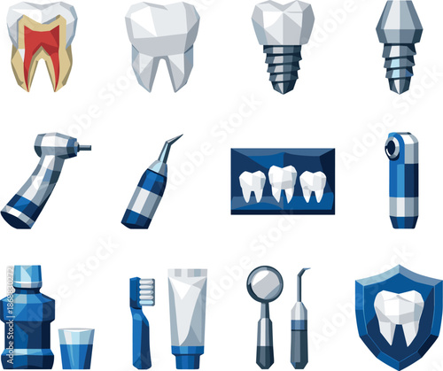 Modern Dental Icon Set. A clean low-poly vector icon set dedicated to modern dentistry and dental technology, featuring teeth