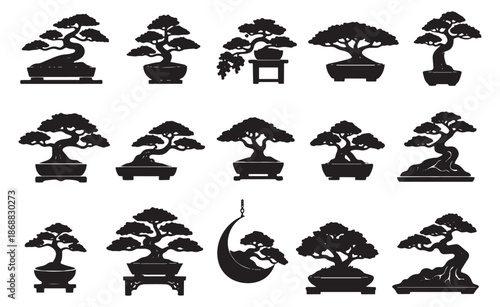 Silhouette bonsai trees set featuring various shapes and traditional pots for Japanese gardening design