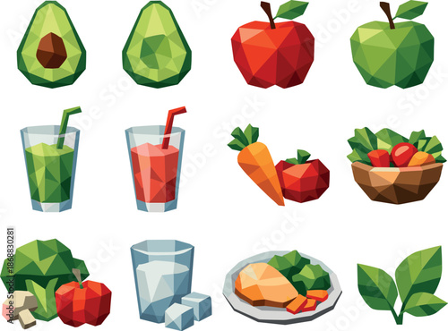Geometric Nutrition Icons. Low-poly geometric icon set focused on healthy eating and nutrition, including avocado halves, apples,