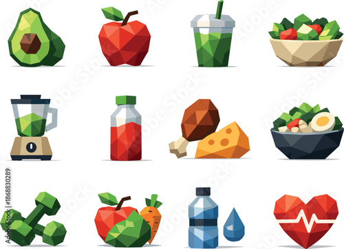 Healthy Lifestyle Icons. A professional low-poly vector icon set dedicated to healthy lifestyle and clean nutrition, featuring