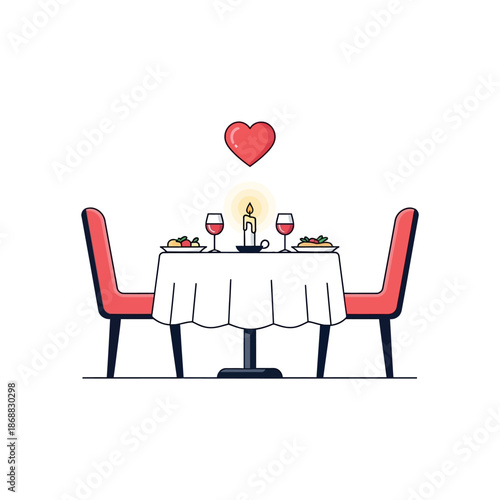 Romantic dinner setup for two with candle and heart symbol above the table
