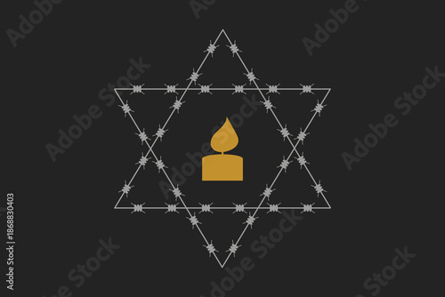 Symbolic menorah inside geometric star design on dark background, candle inside david star, vector  