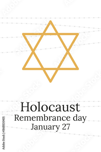 Vertical Holocaust Remembrance Day design with golden Star of David symbol on the white bg. World War II Memorial Day background. Vector