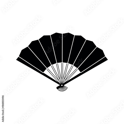 A black hand fan illustration with white lines on a white background is shown open.