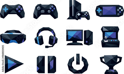 Gaming Icon Set. professional low-poly vector icon set dedicated to gaming technology and digital entertainment, featuring game