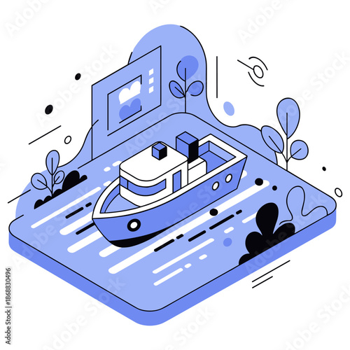 Modern isometric yacht design with abstract elements in blue tones