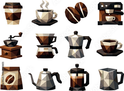 Low-Poly Coffee Icons. Specialty coffee culture represented through a cohesive low-poly vector icon set featuring cups, coffee