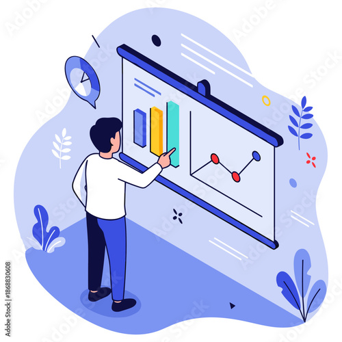 Male analyzing graphs on interactive screen in office setting