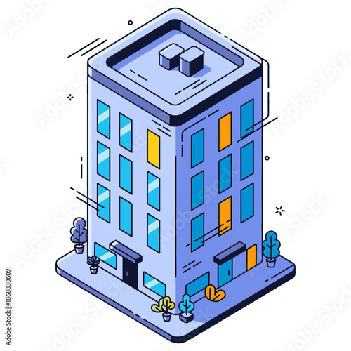 Modern isometric illustration of a multistory office building with decor