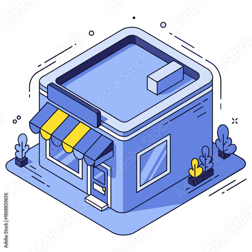 Isometric illustration of a small blue store with yellow awning and potted plants