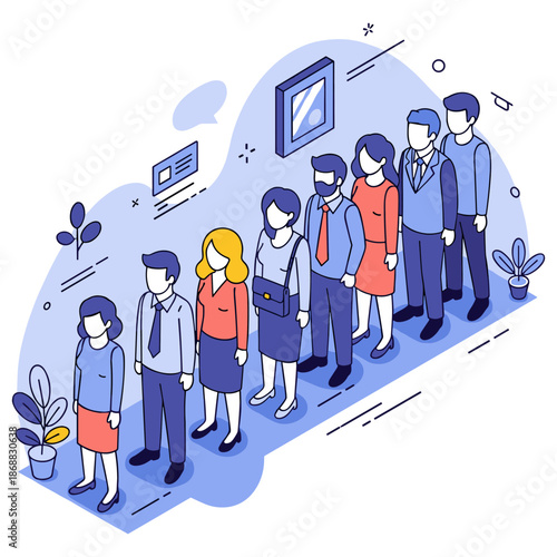 Isometric illustration of diverse office workers in line