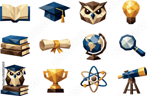 Education Icon Set. Academic learning concepts represented through a cohesive low-poly vector icon set featuring books, graduation