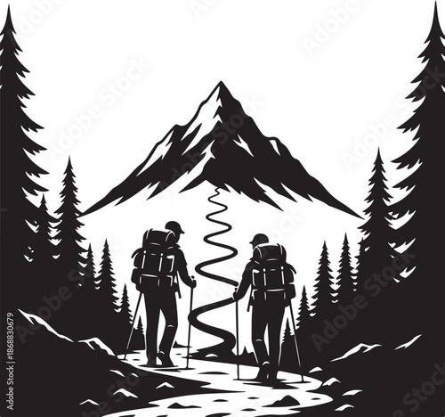 Two hikers with backpacks trek along a winding path towards a majestic mountain