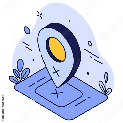 Minimalist isometric map with pin icon and abstract background