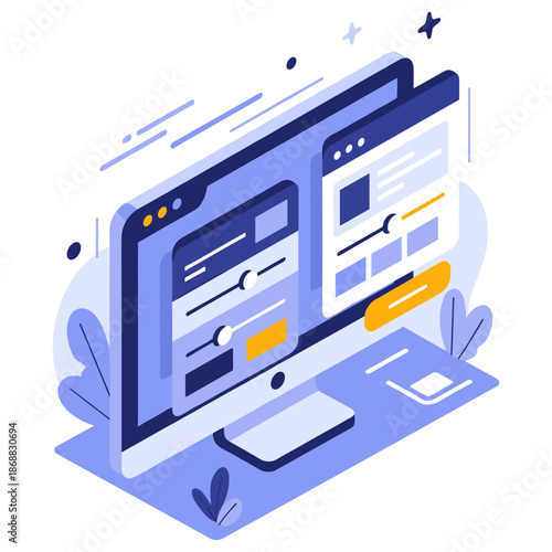 Modern web design interface on computer screen with interactive elements