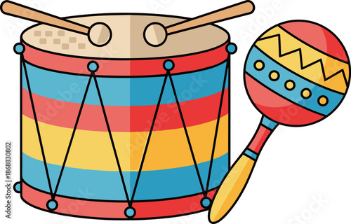 Colorful cartoon drum and maraca musical instruments isolated on white background