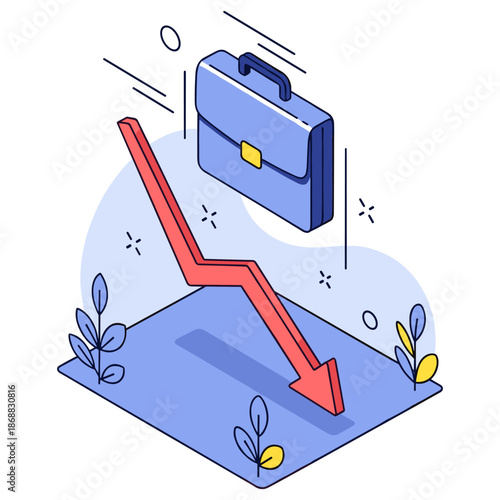 Economic downturn concept with falling arrow and briefcase illustration
