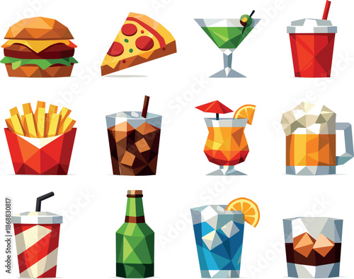 Low-Poly Food Icons. Street food and beverage concepts visualized in a cohesive low-poly vector icon set featuring burgers, pizza,
