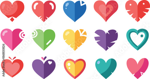 Colorful heart shapes in various styles and colors isolated on white background