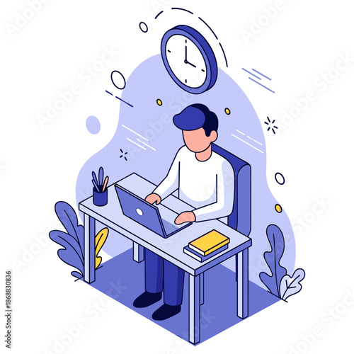 Young caucasian male working on laptop at desk with clock and decor