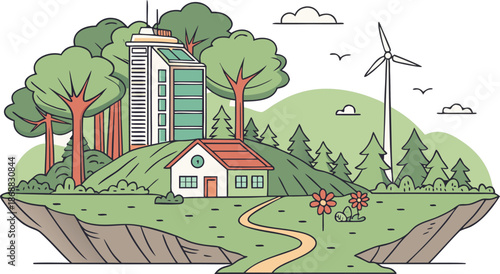 Eco-Friendly Community: A harmonious illustration of a sustainable community with a wind turbine, a residential house, and a modern tower building nestled within a green landscape.