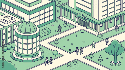 Isometric Illustration of a City Scene: An isometric illustration captures a vibrant cityscape, showcasing architectural structures, parks, and people in a dynamic environment.