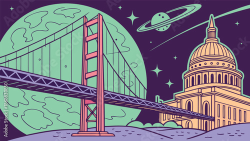 San Francisco Bridge and Capitol Building in Space: A surreal artistic rendering of the San Francisco Bridge intertwines with the Capitol Building. Set in a cosmic scene.