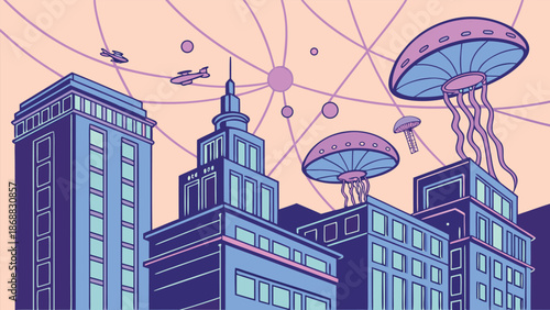 Futuristic Metropolis: A surreal vision of skyscrapers and airborne jellyfish, interwoven with a network of connections, hinting at a world where technology and imagination merge seamlessly.