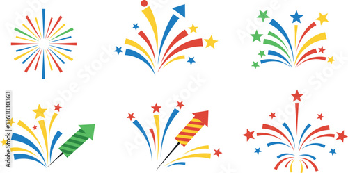 Colorful firework designs with stars and streaks isolated on white background