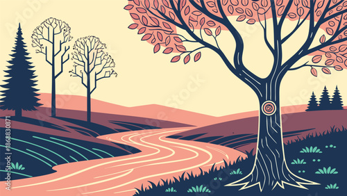 Illustrative Landscape: A serene landscape, featuring a winding river flowing gracefully through rolling hills. Trees and natural elements create a visually pleasing scene of tranquility.