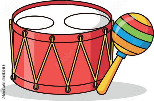 Colorful cartoon illustration of a red drum and maraca on white background