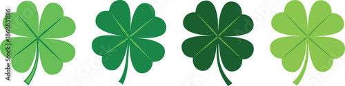 Four leaf clovers in different shades of green on white background