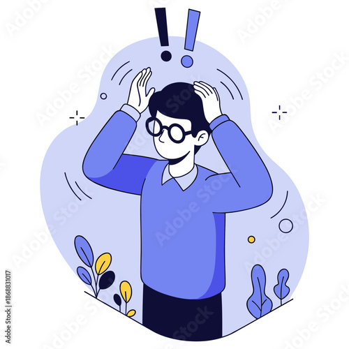 Illustration of young caucasian male surprised with exclamation marks