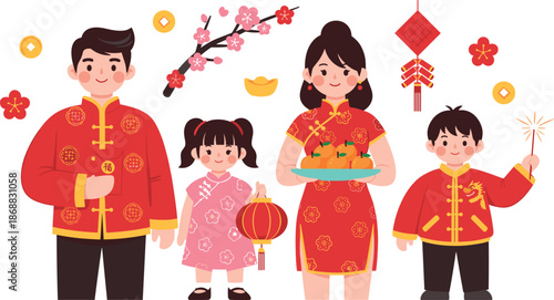 Happy chinese family in traditional clothes isolated on white background celebrating chinese new year