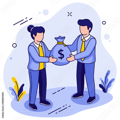 Illustrated business concept with two people exchanging money bag