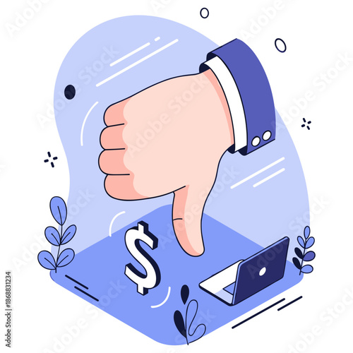 Thumbs down gesture with dollar sign and laptop indicates financial disapproval