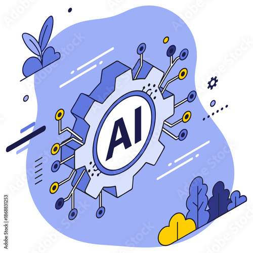 Ai gear mechanism with circuit connections in blue and yellow abstract design