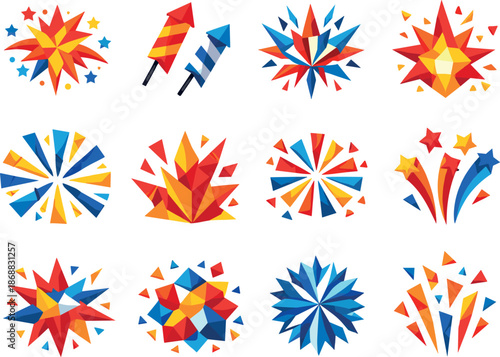 Geometric Fireworks Icons. Geometric low-poly vector icons depicting festive fireworks and celebratory bursts built from sharp