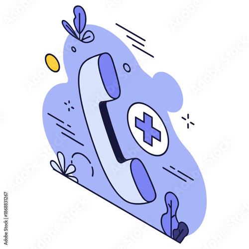 Blue abstract medical hotline concept with phone and cross symbol on artistic background
