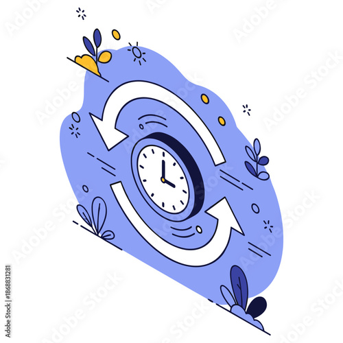 Clock with rotating arrows in abstract floral design on blue background
