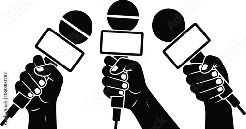 Hands holding microphones for news reporting vector illustration silhouette. hands holding three news microphones for an interview or live report. Reporter microphones live news. 