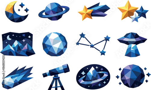 Starry Sky Icon Set. Modern low-poly vector illustration set showcasing a starry sky through crisp triangular geometry and faceted