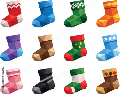 Low-Poly Winter Socks. Geometric low-poly vector icons depicting cozy winter socks built from angular polygonal facets and clean