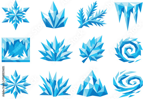 Low-Poly Frost Icons. Stylized low-poly frost pattern icons designed with sharp angular polygons and faceted crystalline motifs
