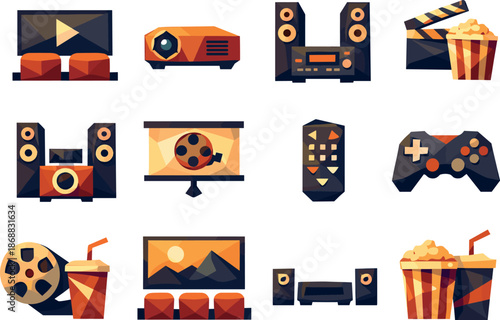 Minimalist Home Cinema Icons. Low-poly vector icon set of home cinema and home theater entertainment depicted in sharp geometric