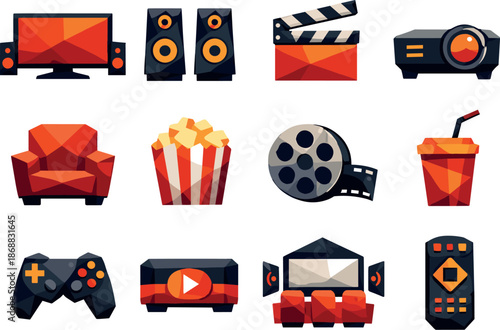 Low-Poly Cinema Icons. Stylized low-poly home cinema icons designed with sharp angular polygons and faceted movie-night inspired