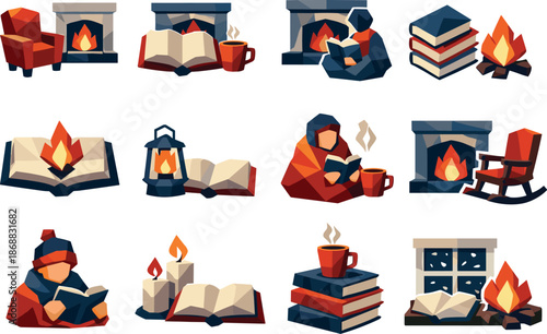 Cozy Reading Icons. Stylized low-poly reading-by-the-fire icons designed with sharp angular polygons and faceted fireplace and